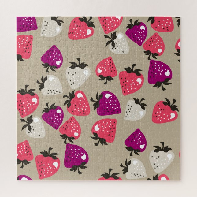 Naive Strawberries: Beige Background Seamless. Jigsaw Puzzle (Vertical)