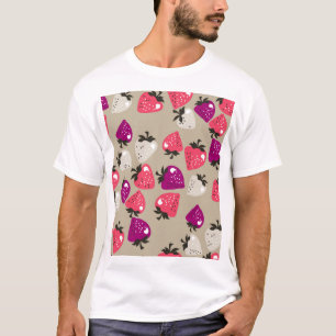 Naive Strawberries: Beige Background Seamless. T-Shirt