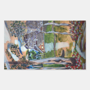 naive watercolor painting forest nature house land rectangular sticker