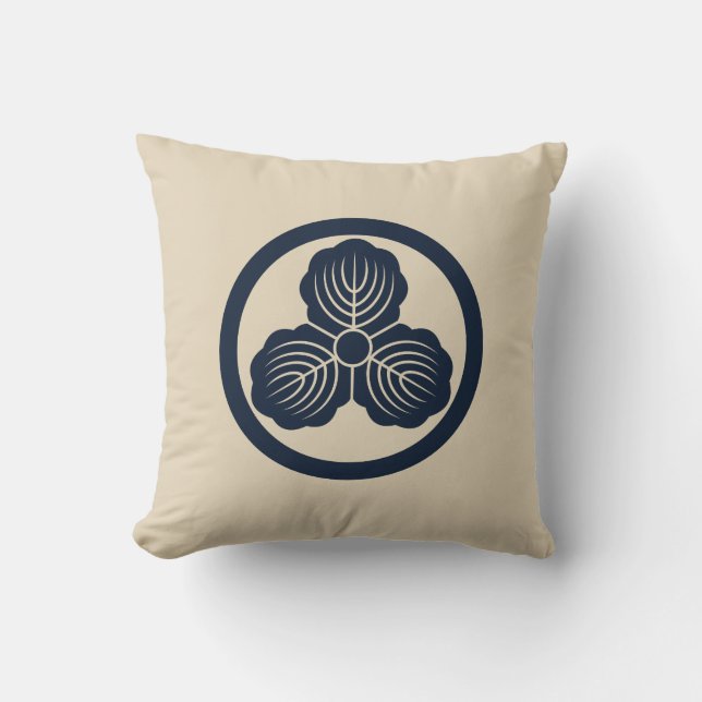 Nakaoka Japanese Mon Crest Oak Leaves Deep Navy Cushion (Front)