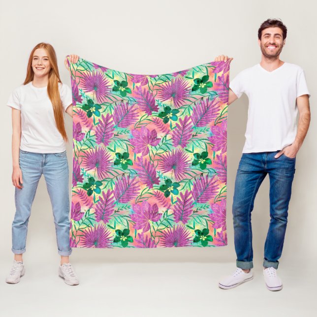 Nalani Hawaiian Tropical Garden Fuchsia Fleece Blanket (In Situ)
