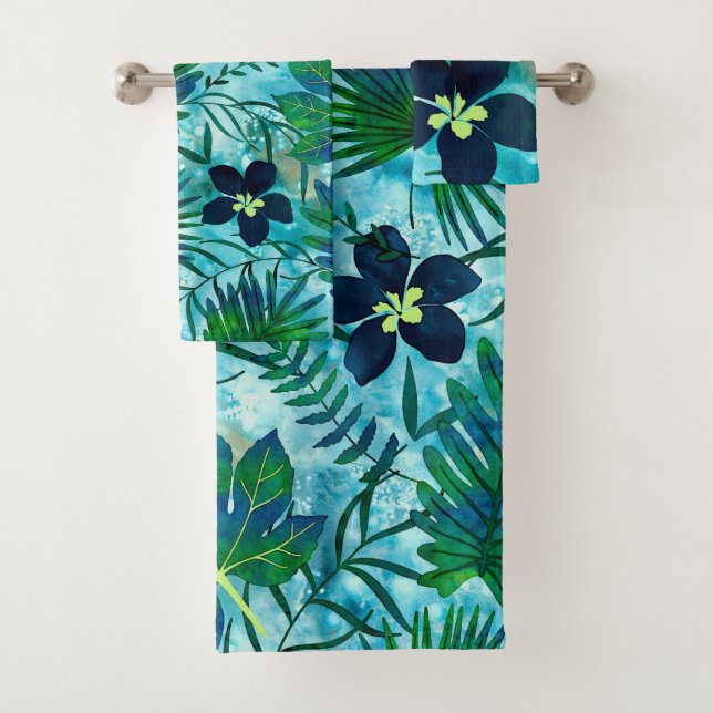 Nalani Hawaiian Tropical Garden Teal Bath Towel Set (Insitu)