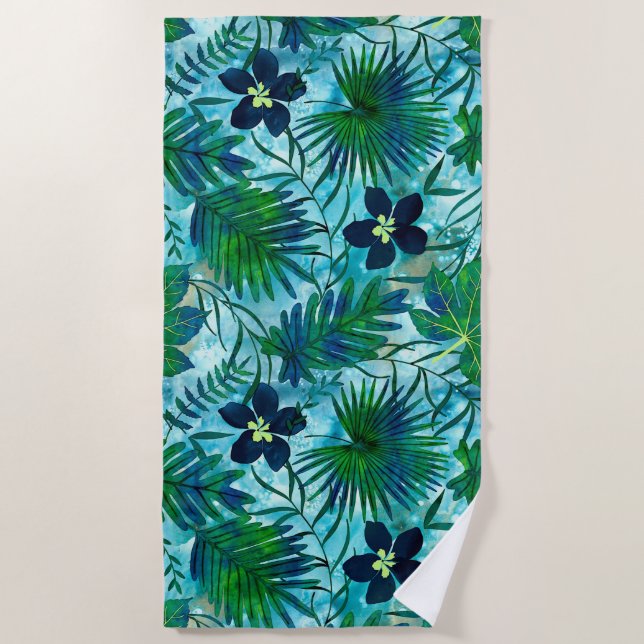 Nalani Hawaiian Tropical Garden Teal Beach Towel (Front)