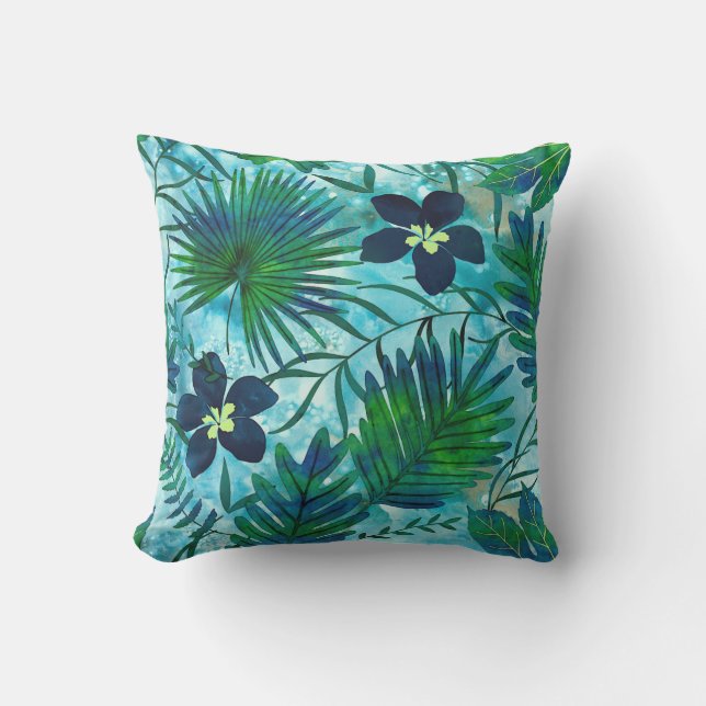 Nalani Hawaiian Tropical Garden Teal Cushion (Front)