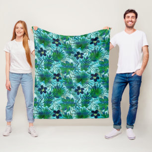 Nalani Hawaiian Tropical Garden Teal Fleece Blanket