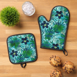 Nalani Hawaiian Tropical Garden Teal Green Oven Mitt & Pot Holder Set