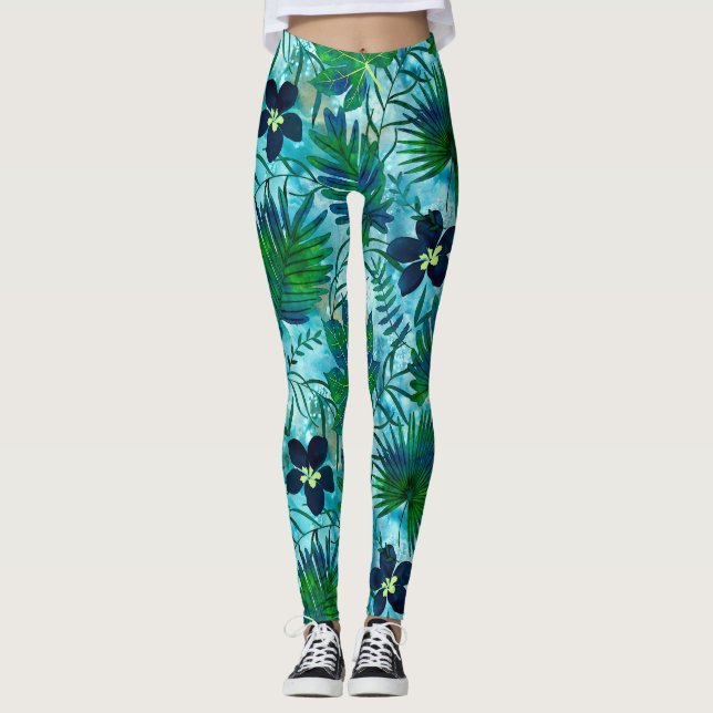 Nalani Hawaiian Tropical Garden Teal Leggings (Front)