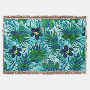 Nalani Hawaiian Tropical Garden Teal Throw Blanket