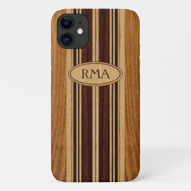 Nalu Lua Faux Koa Wood Monogram Surfboard Case-Mate iPhone Case (Back)