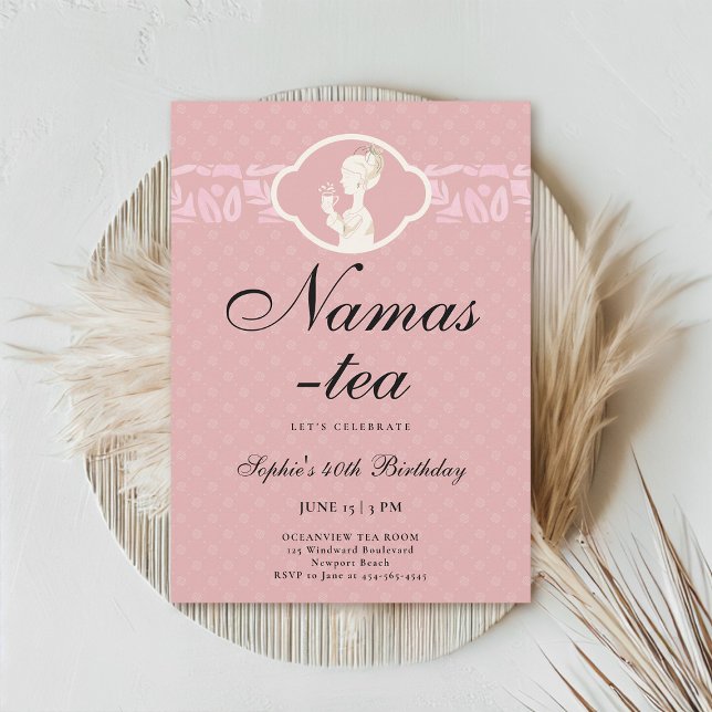 Namas-Tea Cute Pink Blush 40th Birthday Tea Party Invitation (40th birthday invitation tea party pink blush namaste namas-tea cute funny)