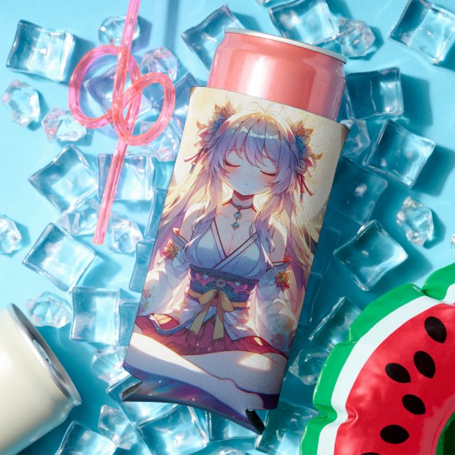 Namaste Anime Girl Meditating Seltzer Can Cooler (In Situ Summer)