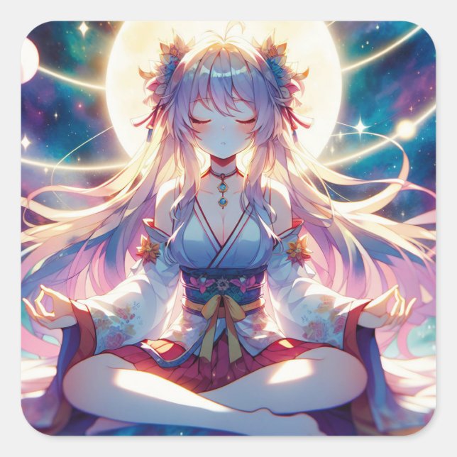 Namaste Anime Girl Meditating Square Sticker (Front)