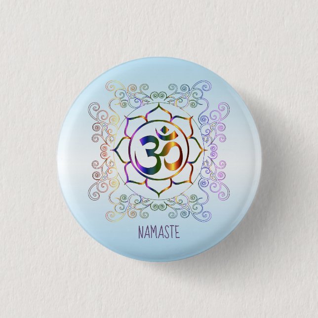 Namaste Aum (Om) Lotus Prismatic Ornamental 3 Cm Round Badge (Front)