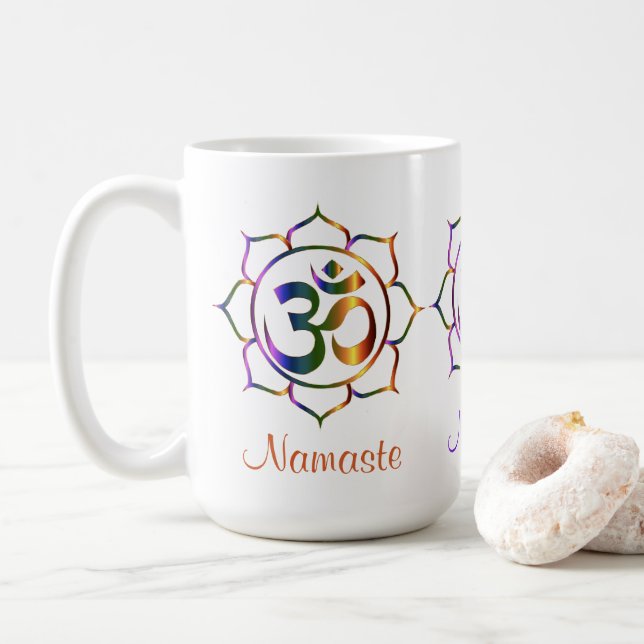 Namaste Aum Om & Lotus Prismatic Rainbow Coffee Mug (With Donut)