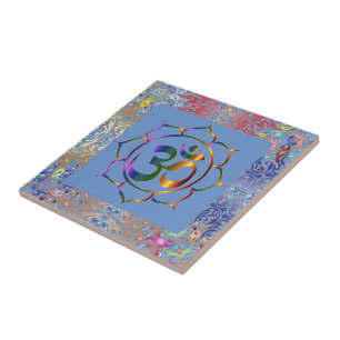Namaste Aum Om & Lotus Rainbow Border Personalised Tile