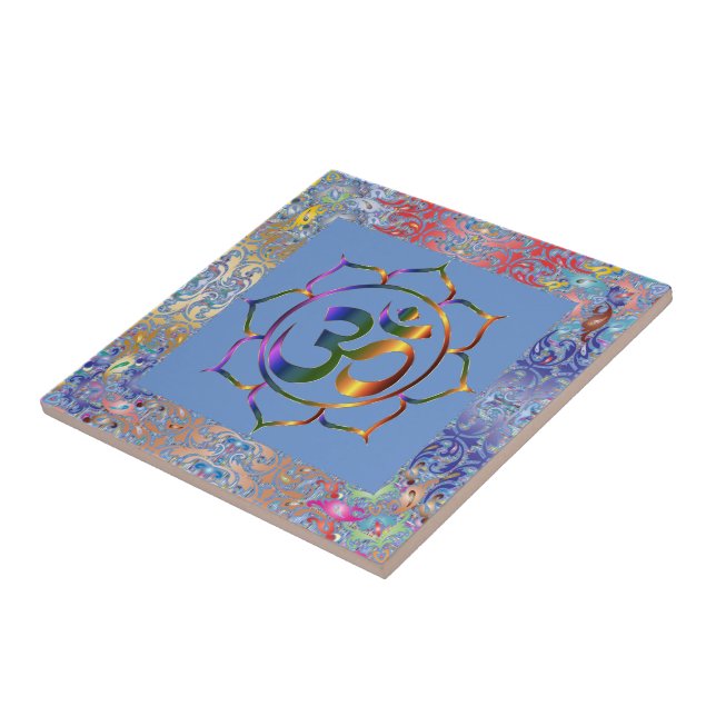 Namaste Aum Om & Lotus Rainbow Border Personalised Tile (Side)