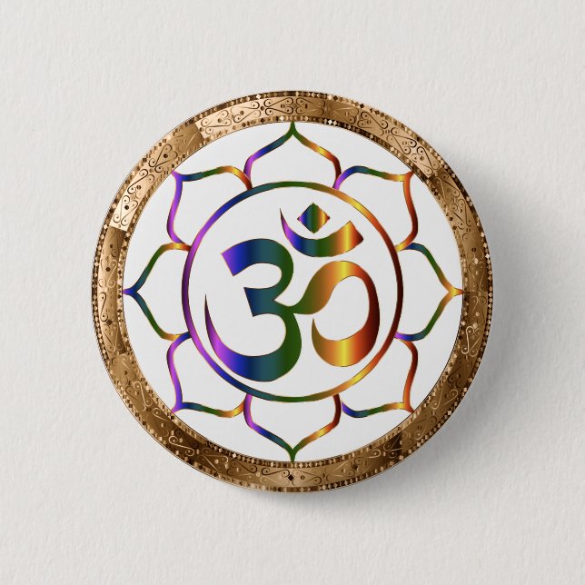 Namaste Aum (Om) & Lotus with Gold Bronze Border 6 Cm Round Badge (Front)