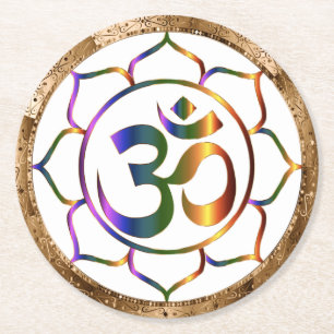 Namaste Aum (Om) & Lotus with Gold Bronze Border Round Paper Coaster