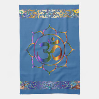 Namaste Aum Om Lotus with Rainbow Vintage Border Tea Towel