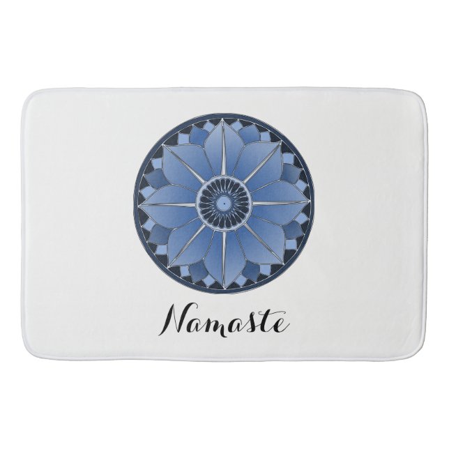 NAMASTE Blue Flower Spiritual Lotus Mandala Bath Mat (Front)