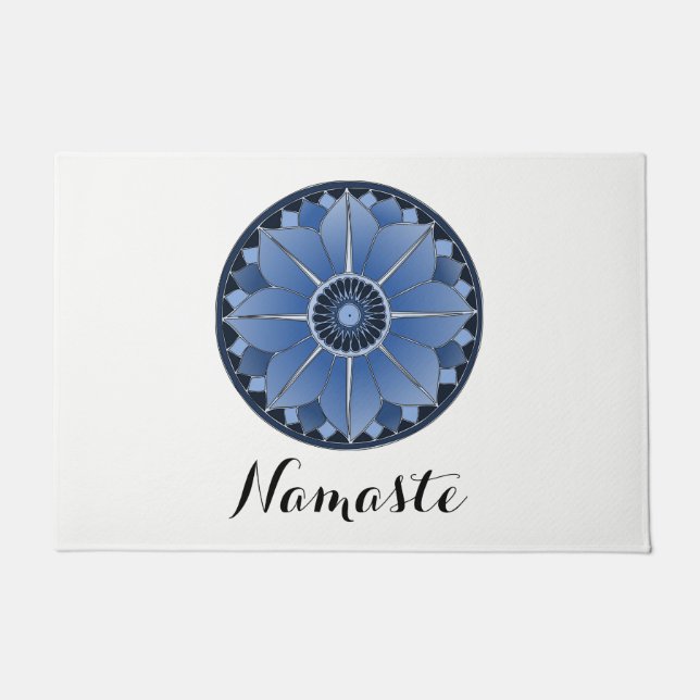 NAMASTE Blue Flower Spiritual Lotus Mandala White Doormat (Front)