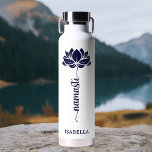 Namaste Blue Lotus Flower Modern Personalised Name Water Bottle<br><div class="desc">Namaste Blue Lotus Flower Modern Personalised Name Sports Fitness Yoga Stainless Steel Water Bottle features a blue lotus flower with the text "namaste" in modern hand lettered calligraphy script and personalised with your name. Perfect gift for friends and family for birthday, Christmas, Mother's Day, best friends, yoga lovers, fitness and...</div>