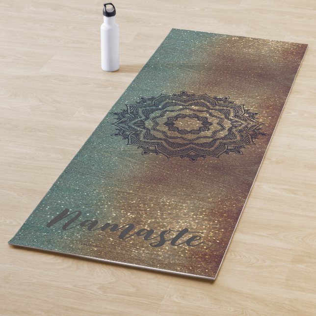 Namaste Bronze and Green Shimmery Mandala Yoga Mat (In Situ)