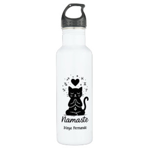 Namaste Cat Water Bottle – Custom Name Yoga Design