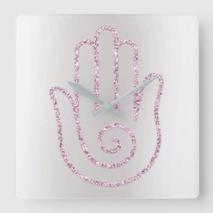 Namaste Greeting Gray Glitter Pink Hand Square Wall Clock