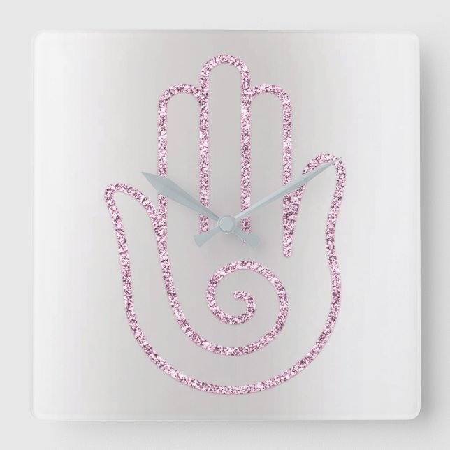 Namaste Greeting Grey Glitter Pink Hand Square Wall Clock (Front)
