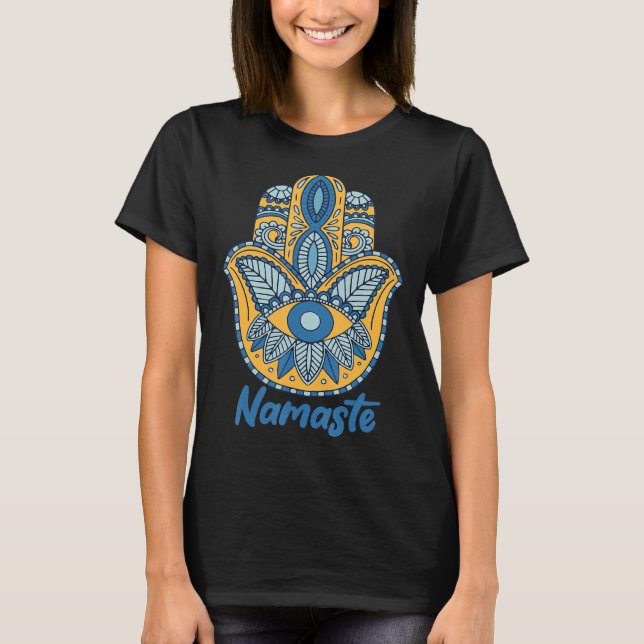 Namaste Hamsa Hand Yoga Hinduism Fatima Arabic Fai T-Shirt (Front)