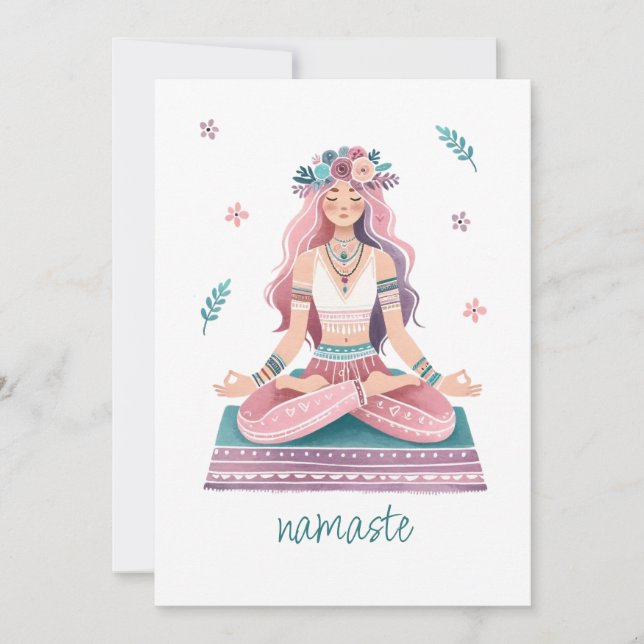 Namaste meditating woman-boho illustration invitation (Front)