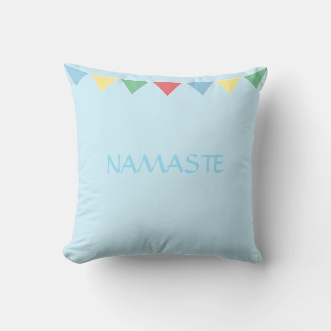 Namaste prayer multicolored flags on light blue cushion (Front)