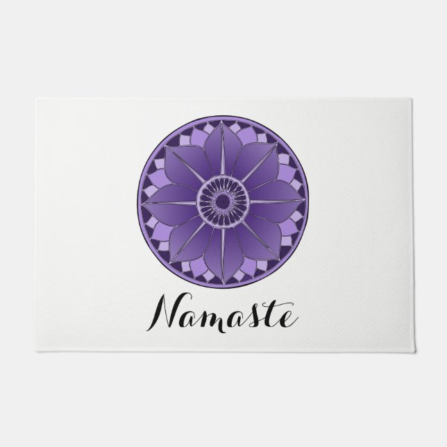 NAMASTE PurpleFlower Spiritual Lotus Mandala White Doormat (Front)
