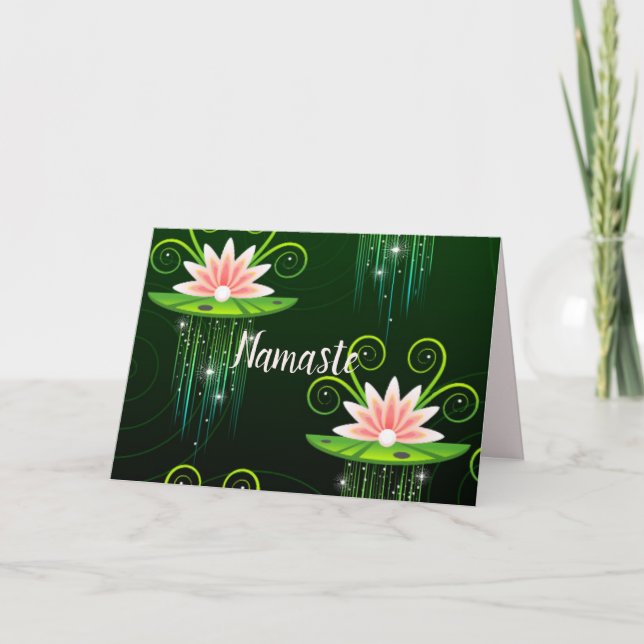 Namaste Quote Thank You Pink Lilies on Green Pad Card (Front)