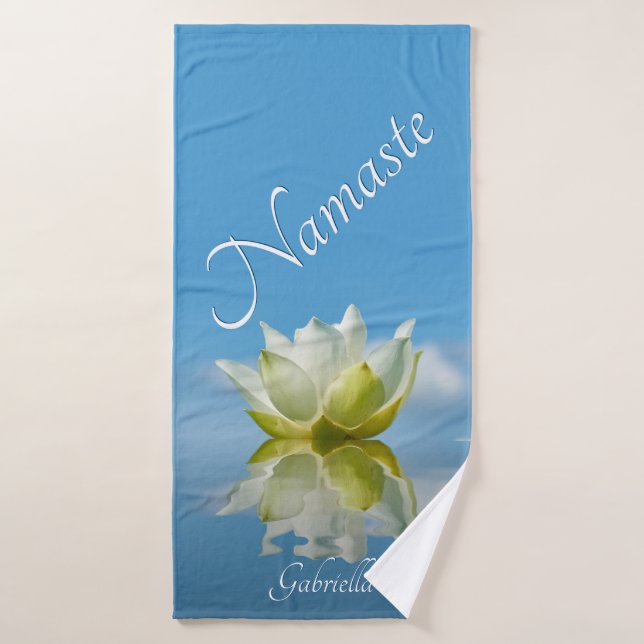 Namaste. Reflecting Lotus Flower w/Name Sky Blue Bath Towel (Bath Towel)