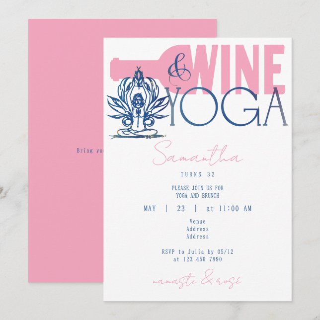 Namaste & Rose Minimal Wine & Yoga Brunch Birthday Invitation (Front/Back)