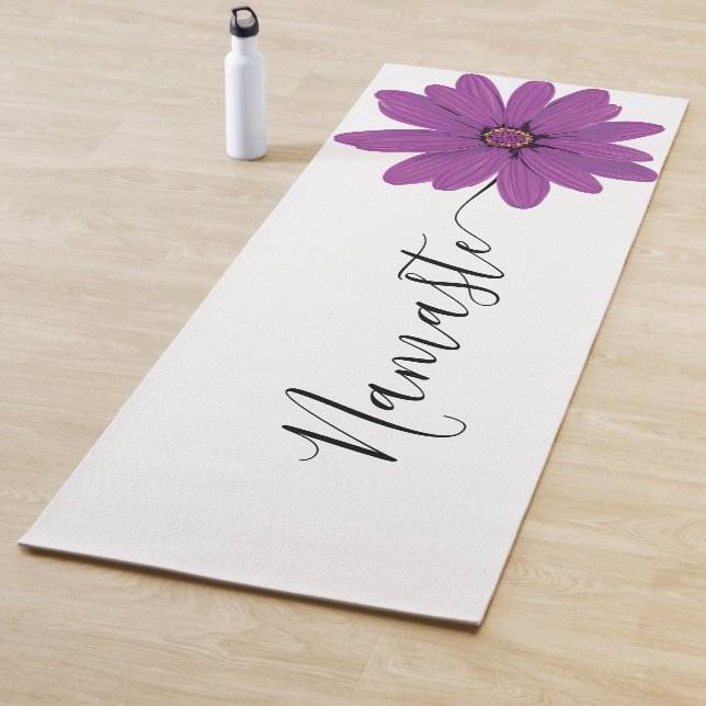 Namaste Script Purple Flower Stem Yoga Mat (In Situ)