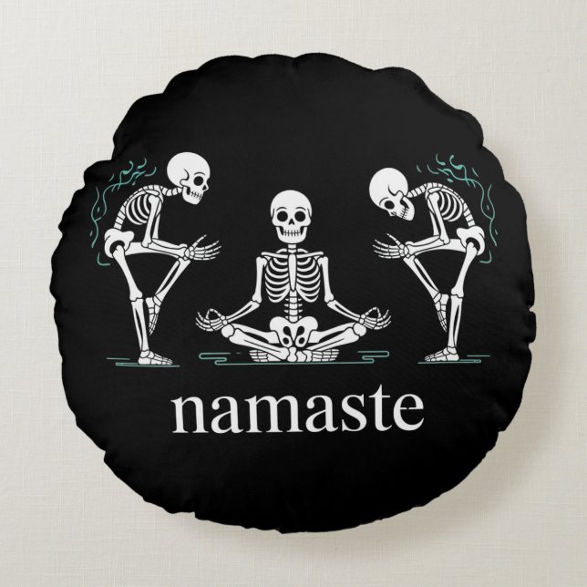 Namaste Skeletons  – Funny Yoga Halloween Round Cushion (Front)