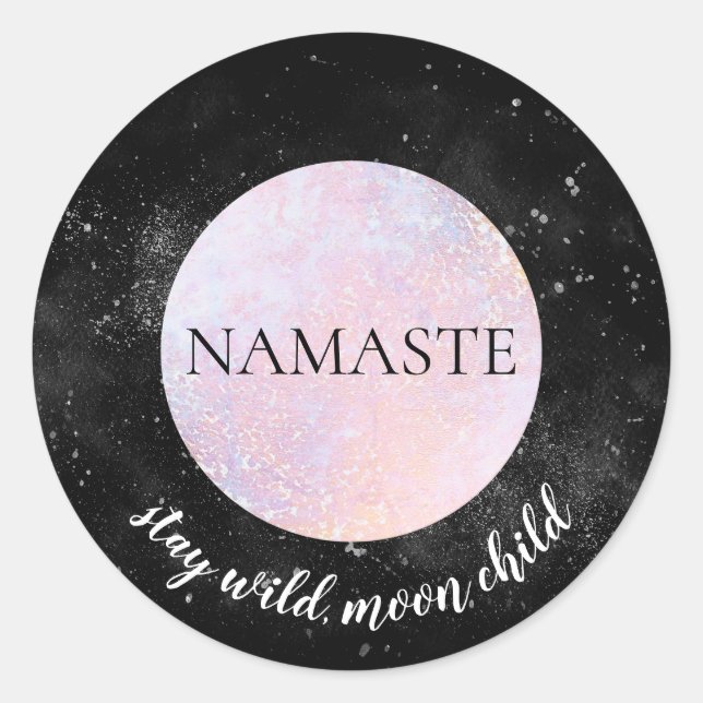 Namaste Stay Wild Moon Child Pink Full Moon Yoga Classic Round Sticker (Front)