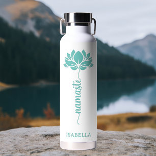 Namaste Teal Lotus Flower Modern Personalised Name Water Bottle