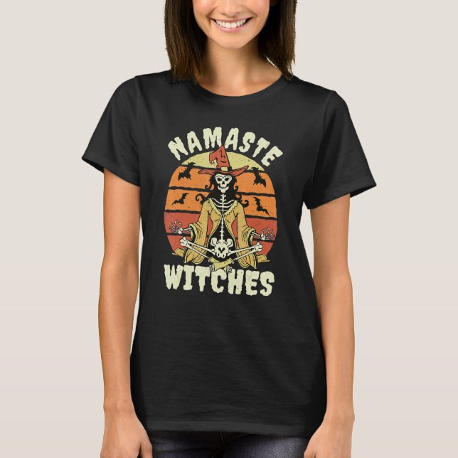 Namaste Witches Meditating Skeleton Yoga Halloween T-Shirt (Front)