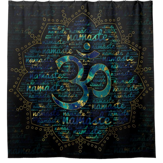 Namaste Word Art in Lotus with OM symbol Shower Curtain (Front)