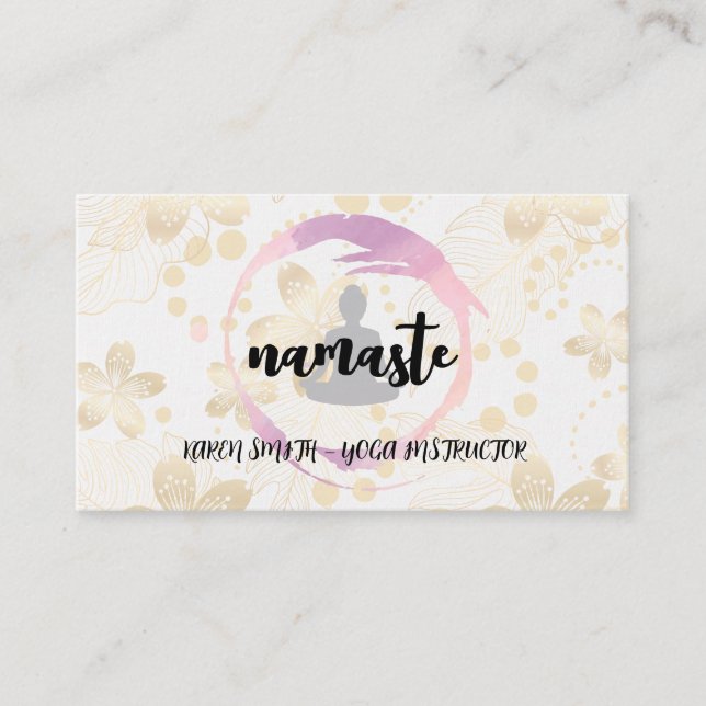 Namaste Yoga | Gold Floral Background Business Card (Front)