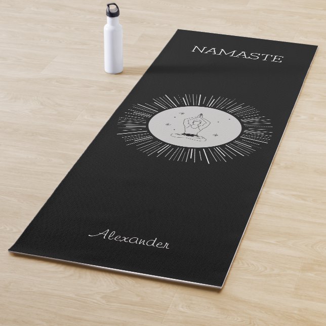 Namaste Yoga Man Posing Graphic Grey Circle Black Yoga Mat (In Situ)
