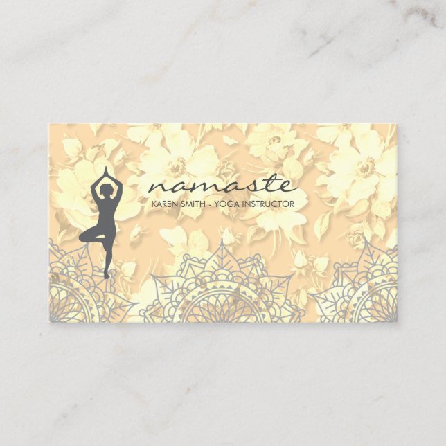 Namaste Yoga Pose Tribal Floral Pattern Business Card (Front)