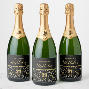 Name 21st Birthday Confetti Theme in Gold on Black Sparkling Wine Label