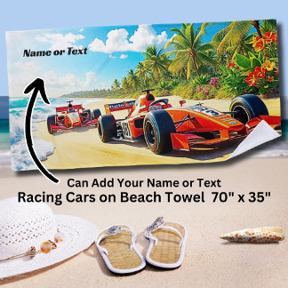 Name, 2 Red Racing Cars on the Sand Beach Towel