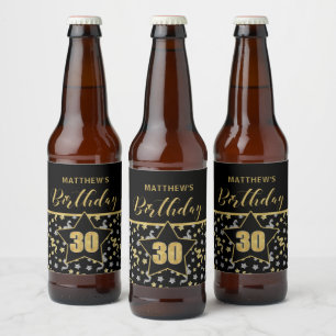 Name 30th Birthday Confetti Theme in Gold on Black Beer Bottle Label