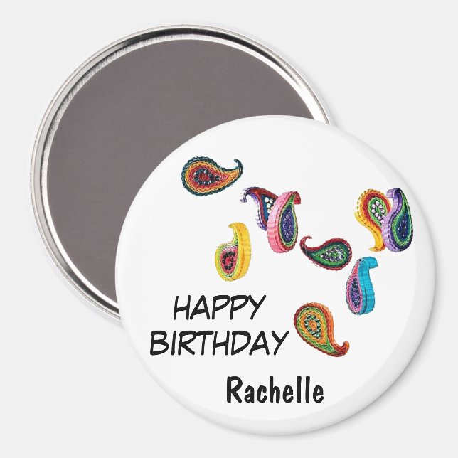 Name, 3-inch Happy Birthday Quilled Paisleys Magnet (Front/Back)